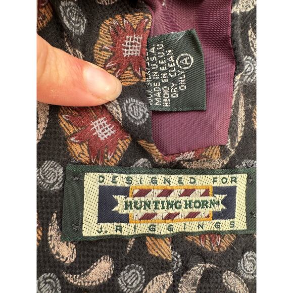 Vintage Black Floral Print Hunting Horn Silk Necktie - Picture 2 of 3